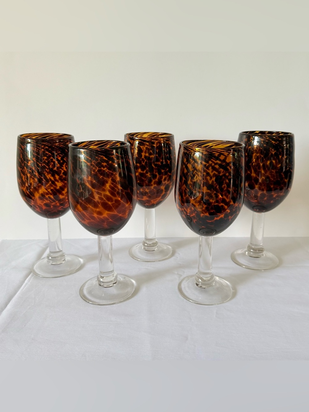 5 Amber Tortoise Shell Wine Goblets Glasses MCM Retro Thick Art Glass Clear Stem